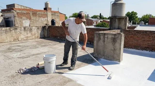 Techista aplicando membrana líquida blanca con rodillo sobre una terraza, con un sector todavía sin tratar